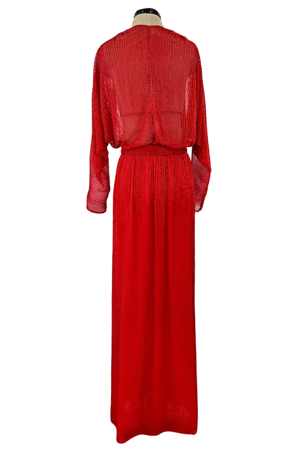 Iconic Resort 1980 Runway Fully Hand Beaded on Red Silk Chiffon Halston w Plunge Front