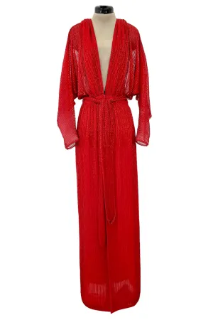 Iconic Resort 1980 Runway Fully Hand Beaded on Red Silk Chiffon Halston w Plunge Front