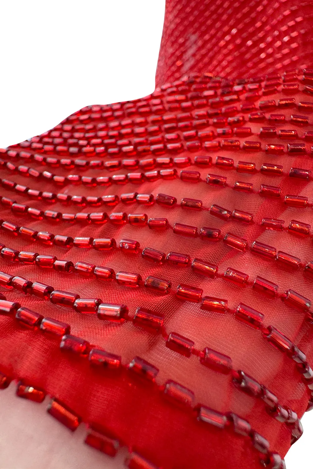 Iconic Resort 1980 Runway Fully Hand Beaded on Red Silk Chiffon Halston w Plunge Front