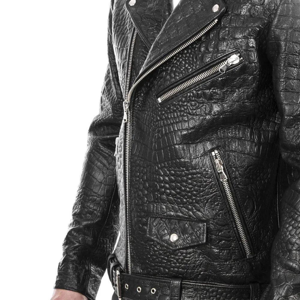 Italian handmade Men black Crocodile leather biker jacket slim fit - Leather Jackets