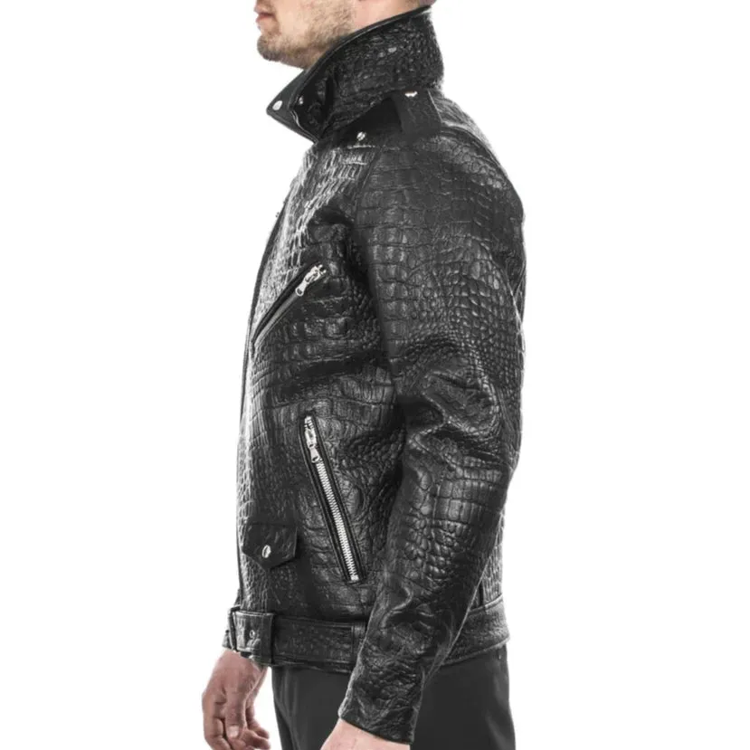 Italian handmade Men black Crocodile leather biker jacket slim fit - Leather Jackets