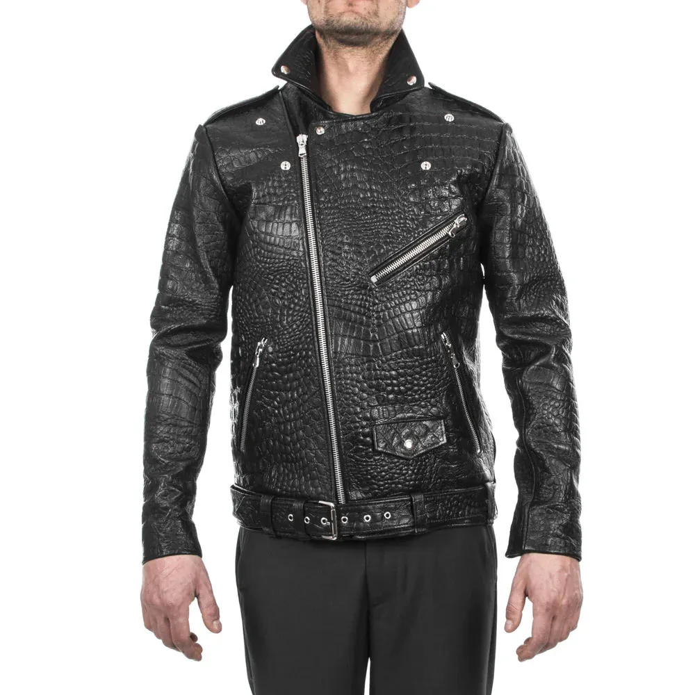 Italian handmade Men black Crocodile leather biker jacket slim fit - Leather Jackets