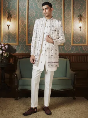Ivory Printed Three Piece Indo Western Set