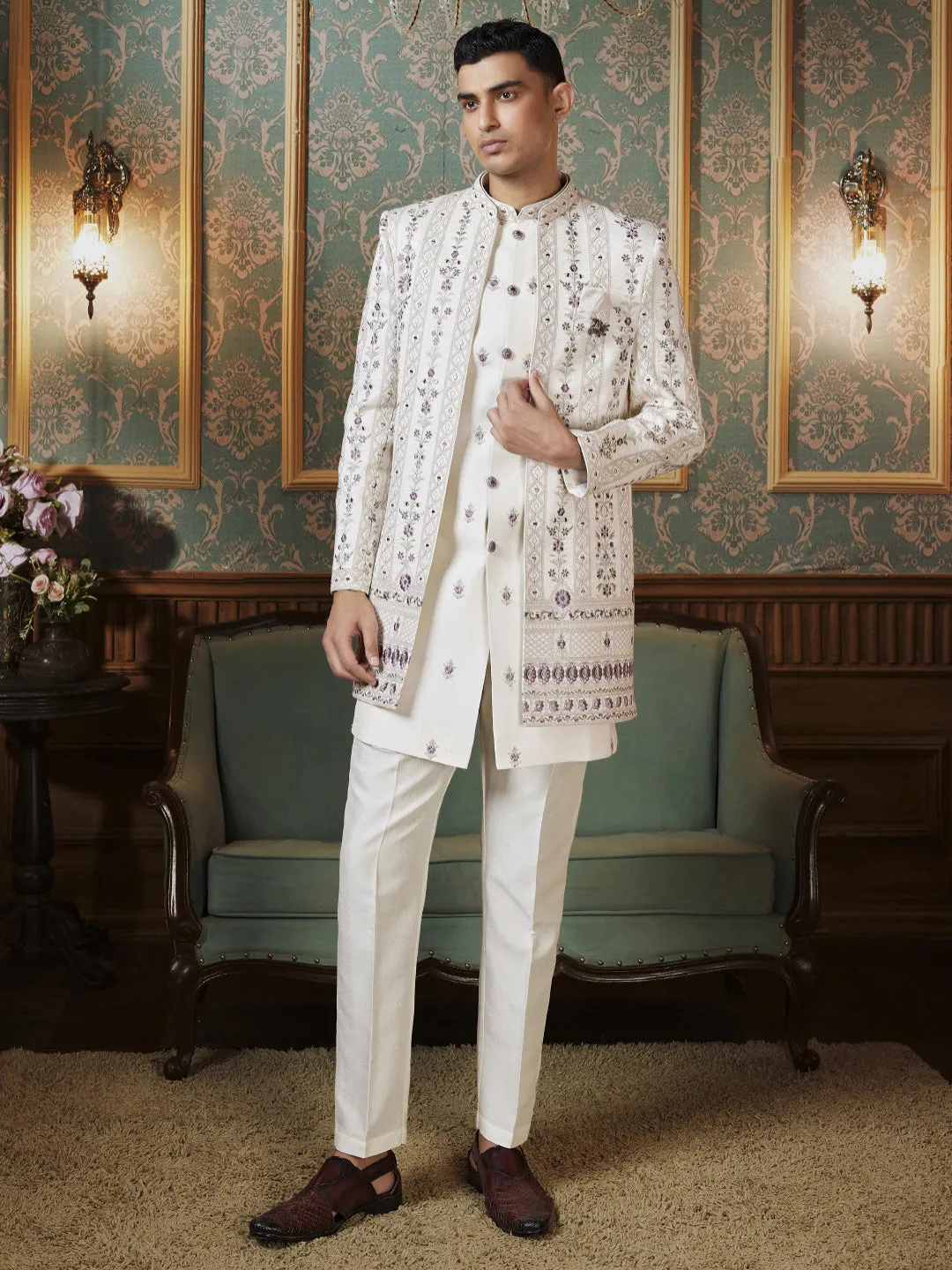 Ivory Printed Three Piece Indo Western Set