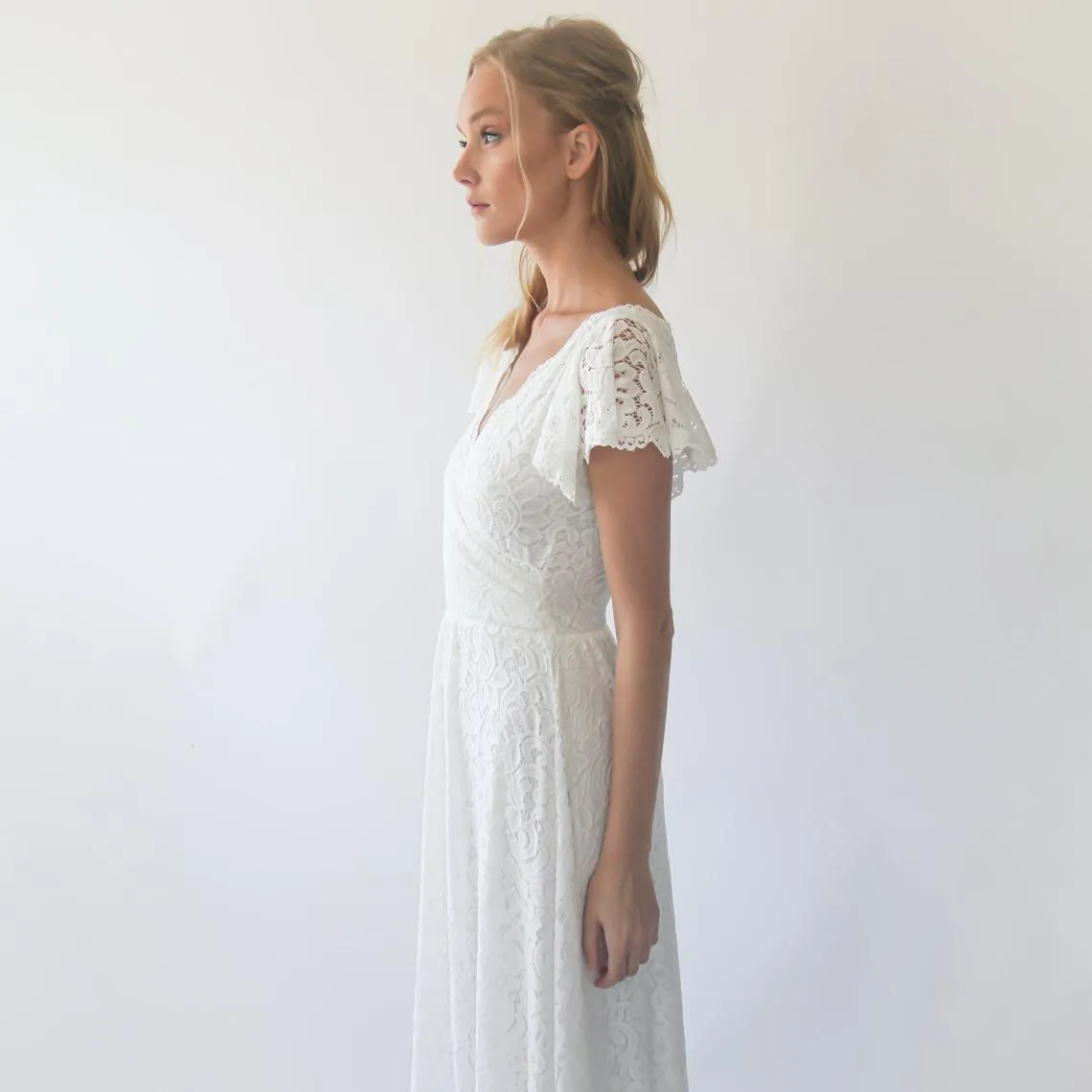 Ivory wrap lace bohemian wedding dress #1298