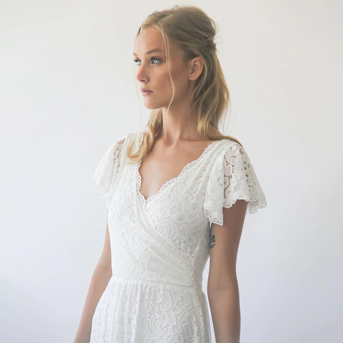 Ivory wrap lace bohemian wedding dress #1298