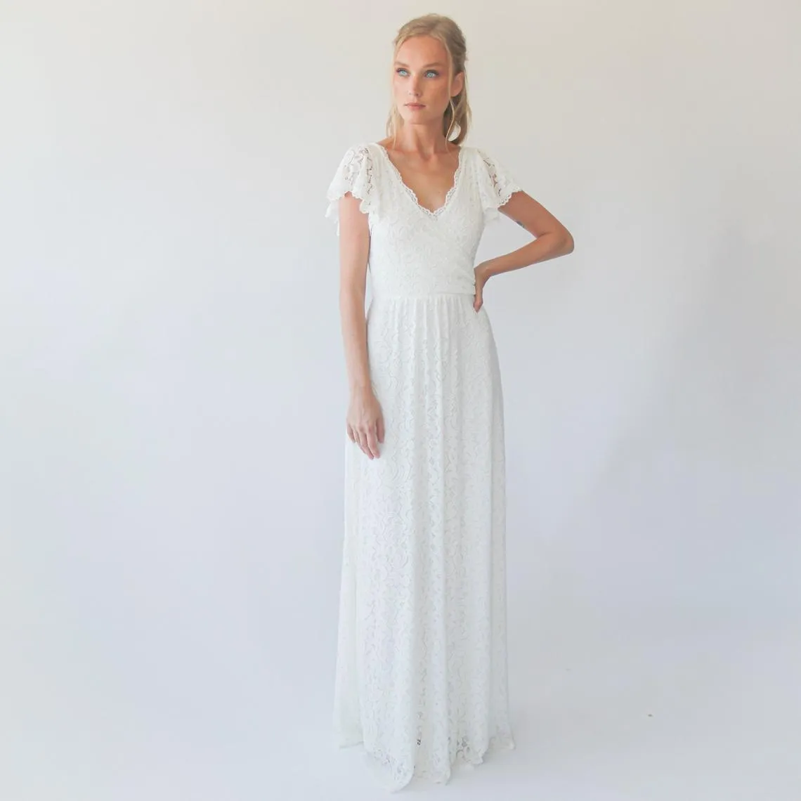 Ivory wrap lace bohemian wedding dress #1298