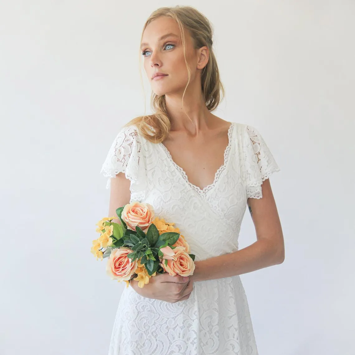 Ivory wrap lace bohemian wedding dress #1298