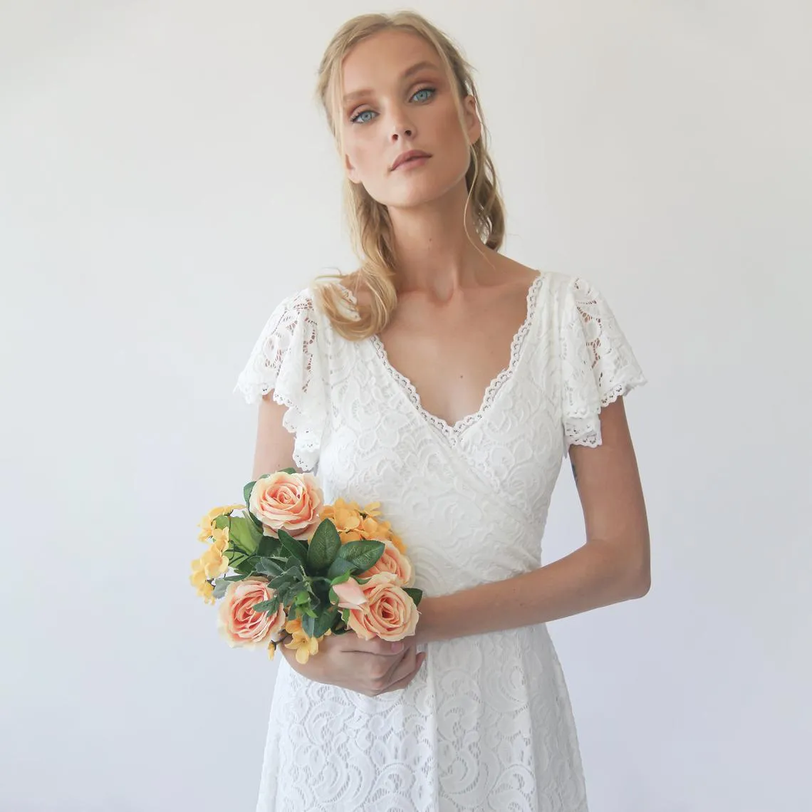 Ivory wrap lace bohemian wedding dress #1298