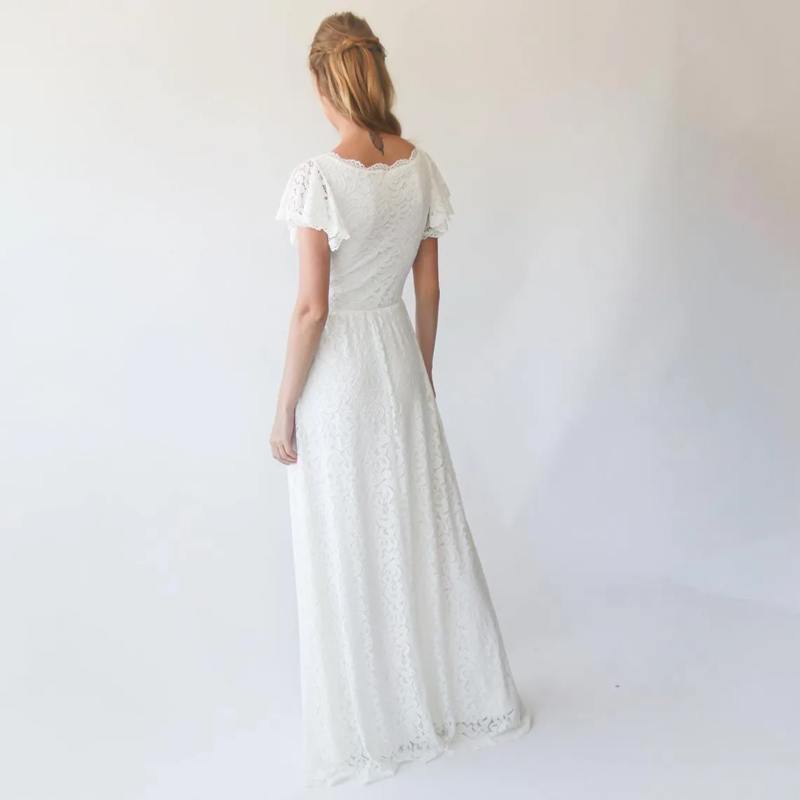 Ivory wrap lace bohemian wedding dress #1298