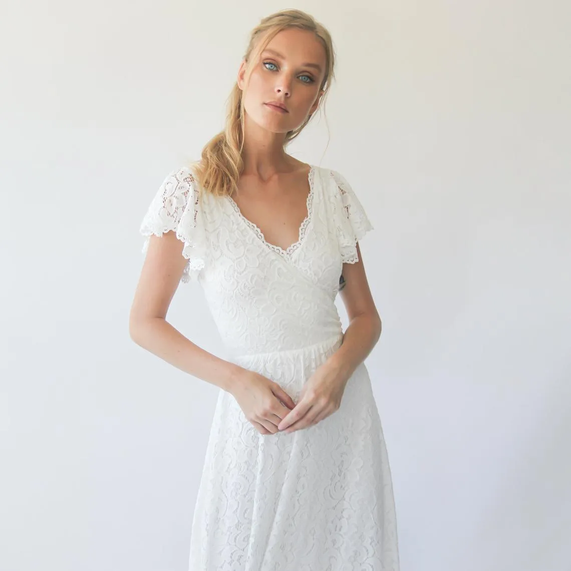 Ivory wrap lace bohemian wedding dress #1298