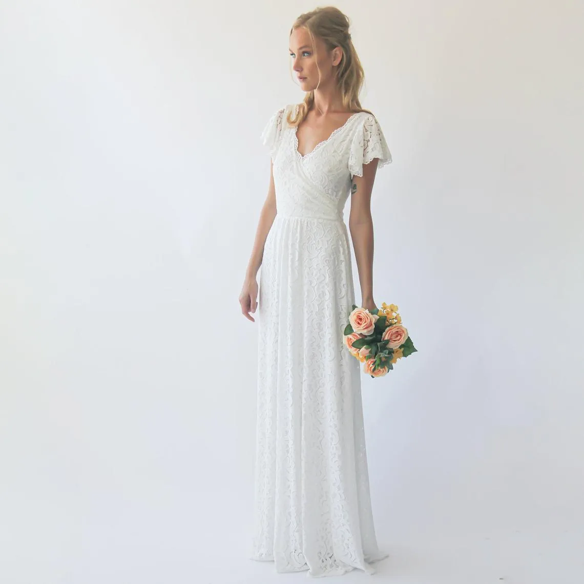 Ivory wrap lace bohemian wedding dress #1298