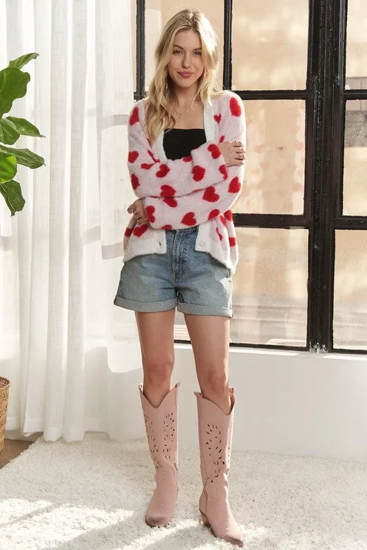 Ivory/Red Fuzzy Heart Button Down Cardigan