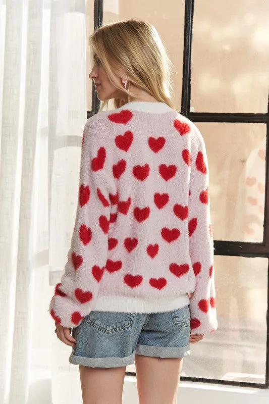 Ivory/Red Fuzzy Heart Button Down Cardigan