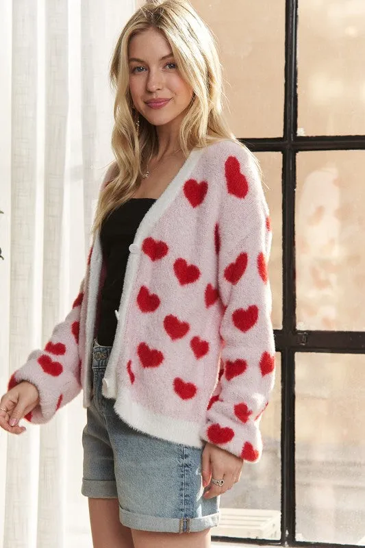 Ivory/Red Fuzzy Heart Button Down Cardigan