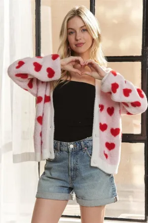 Ivory/Red Fuzzy Heart Button Down Cardigan