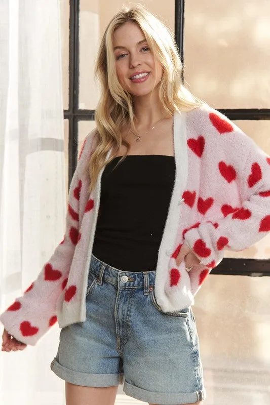 Ivory/Red Fuzzy Heart Button Down Cardigan