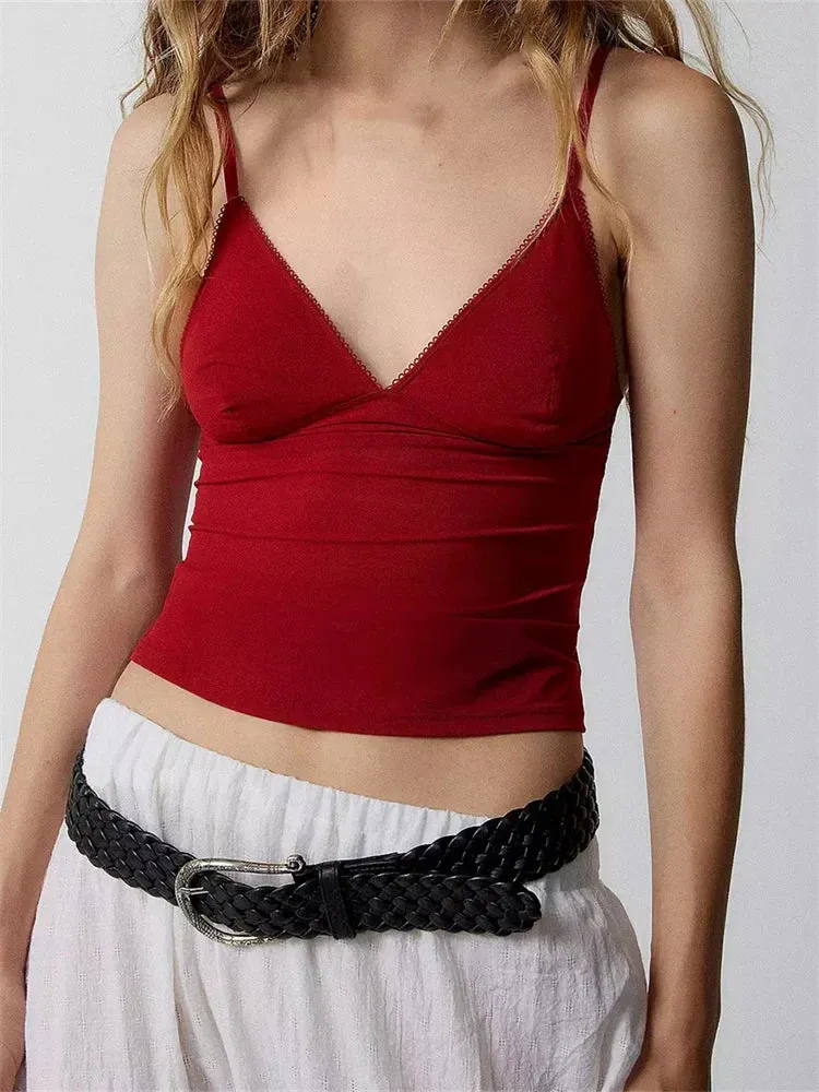 JazzHer 2024 Solid Color V-Neck Summer Backless Spaghetti Strap Sleeveless Mini Vest Streetwear  Crop Tops