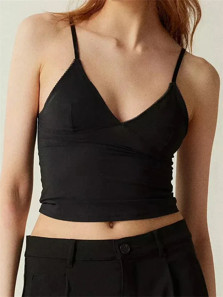 JazzHer 2024 Solid Color V-Neck Summer Backless Spaghetti Strap Sleeveless Mini Vest Streetwear  Crop Tops