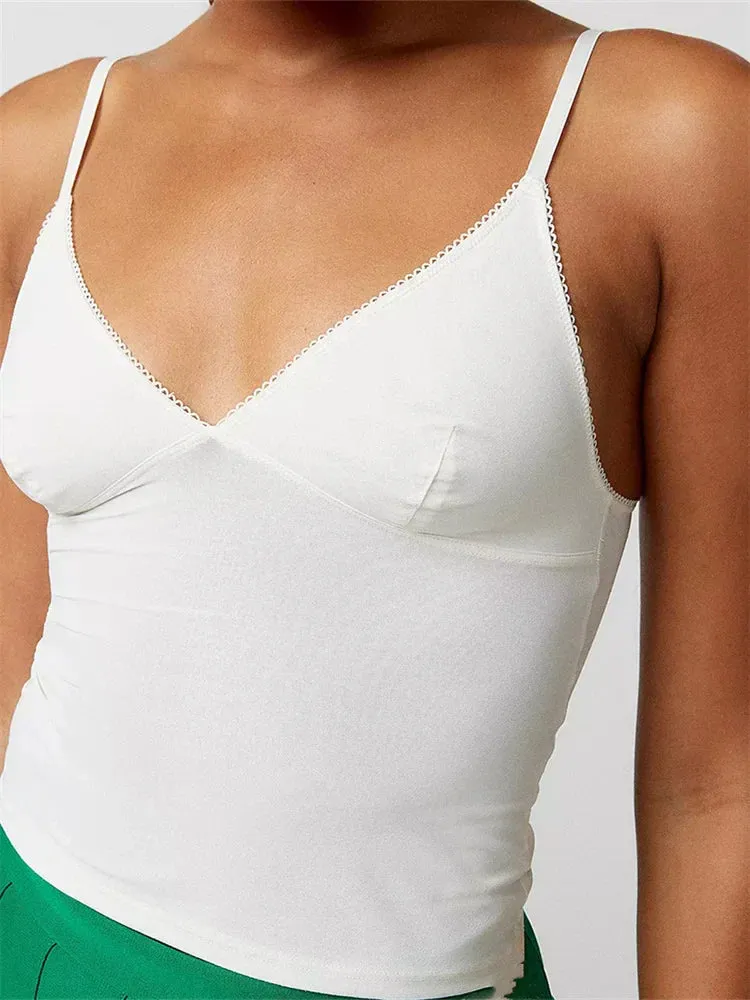 JazzHer 2024 Solid Color V-Neck Summer Backless Spaghetti Strap Sleeveless Mini Vest Streetwear  Crop Tops