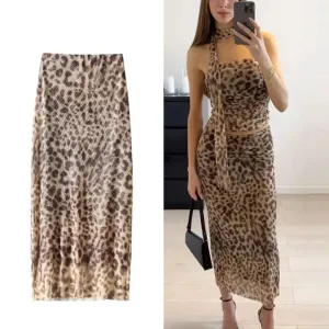 JazzHer Leopard Print Tulle Skirt Woman Vintage High Waist Long Skirts For Women Summer Mesh Midi Skirt Elegant Women's Skirts