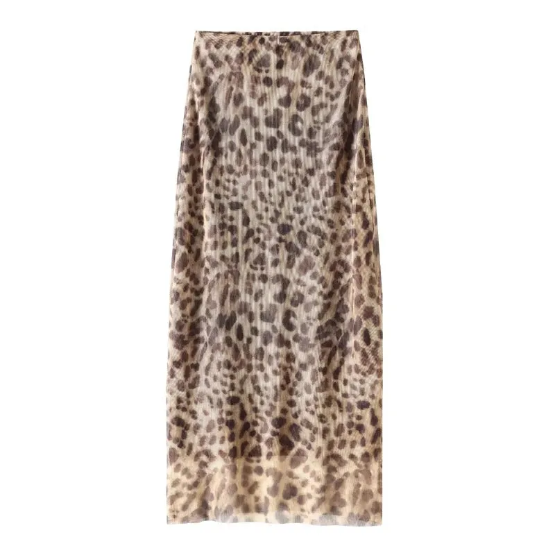 JazzHer Leopard Print Tulle Skirt Woman Vintage High Waist Long Skirts For Women Summer Mesh Midi Skirt Elegant Women's Skirts