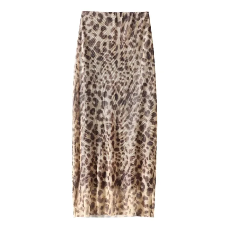 JazzHer Leopard Print Tulle Skirt Woman Vintage High Waist Long Skirts For Women Summer Mesh Midi Skirt Elegant Women's Skirts