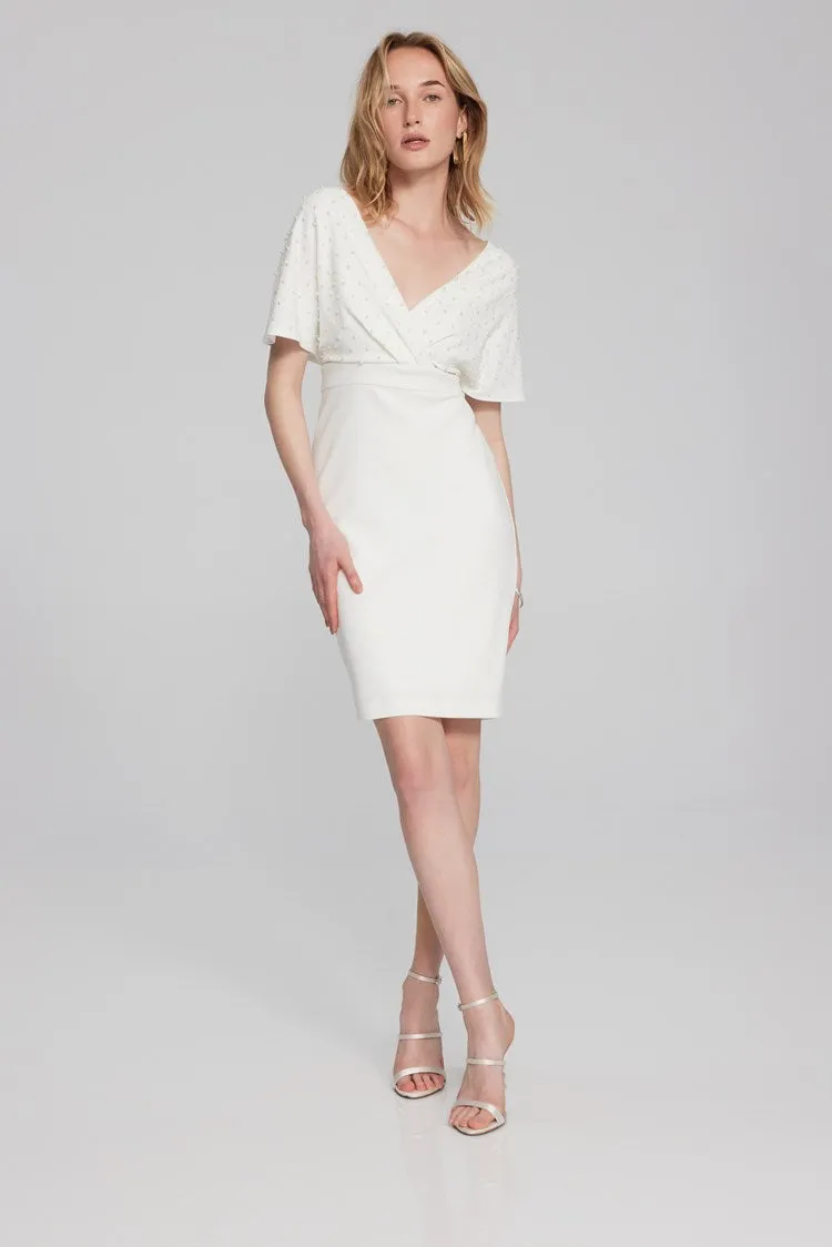 Joseph Ribkoff Scuba Crepe Wrap Dress with Pearl Detail Blue or Vanilla