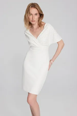 Joseph Ribkoff Scuba Crepe Wrap Dress with Pearl Detail Blue or Vanilla