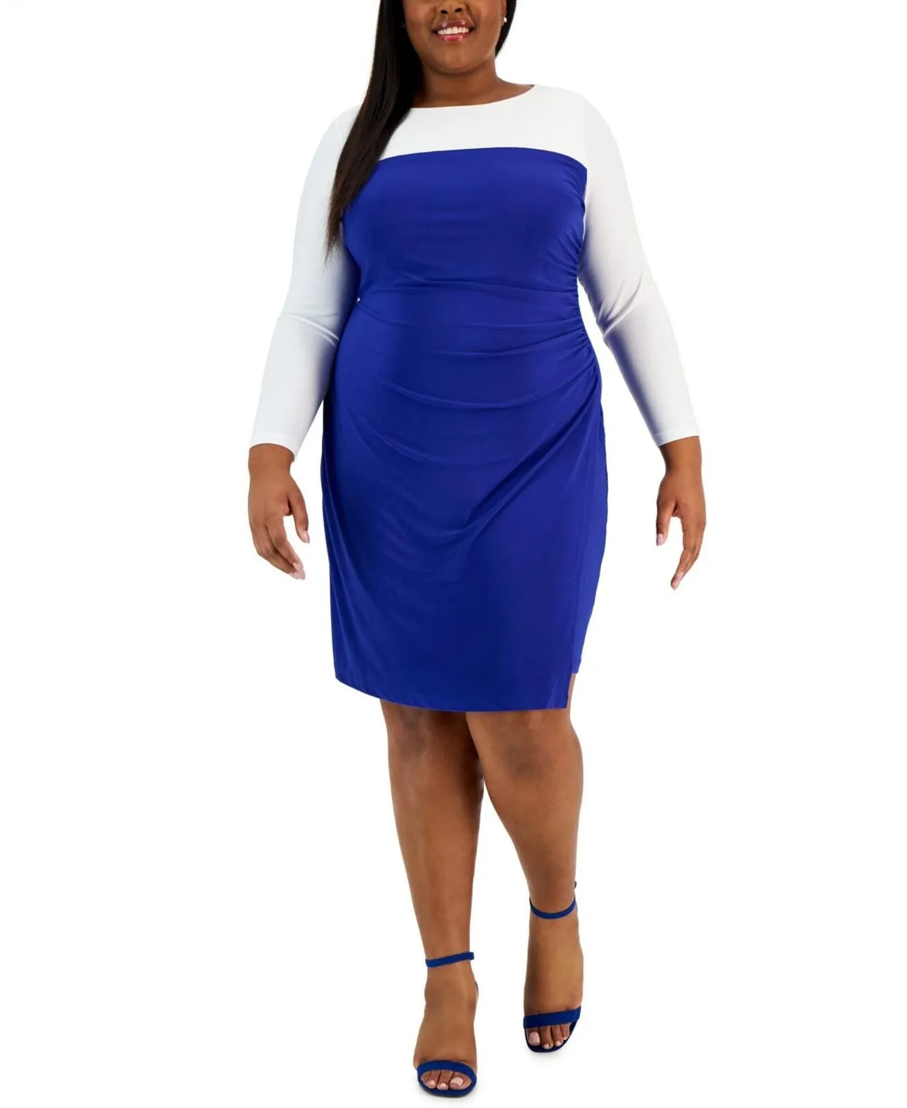 Kasper Womens Plus Size Ginger Colorblocked Midi Shift Dress Royal / White 2X
