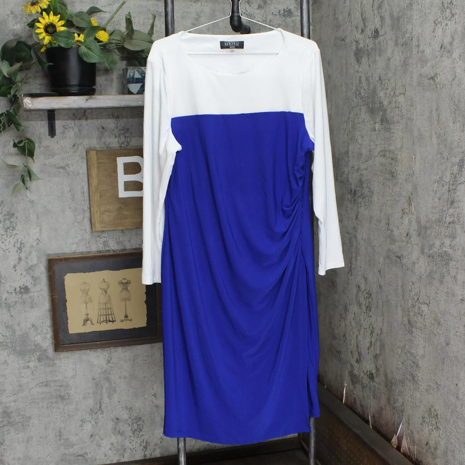 Kasper Womens Plus Size Ginger Colorblocked Midi Shift Dress Royal / White 2X