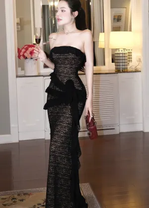Kestrel Black Velvet Ruffle Tube Midi Dress