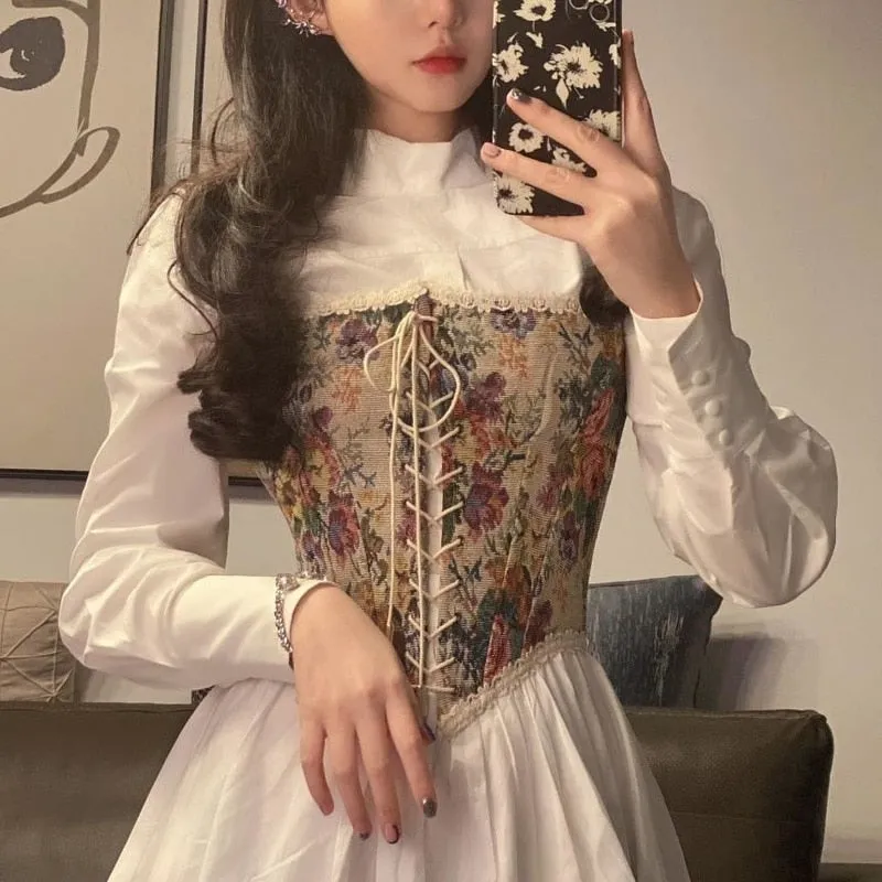 Korean Vintage Kawali Dress Women Elegant Casual Summer Print Floral Mini Dress Female Pretty Party Bandage Holiday Dress