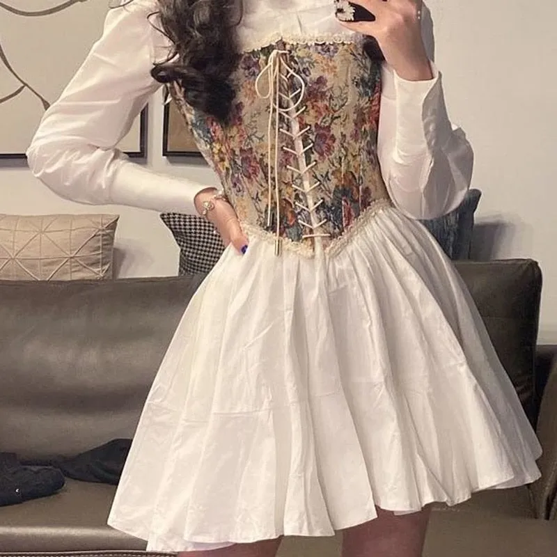 Korean Vintage Kawali Dress Women Elegant Casual Summer Print Floral Mini Dress Female Pretty Party Bandage Holiday Dress