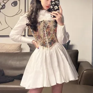 Korean Vintage Kawali Dress Women Elegant Casual Summer Print Floral Mini Dress Female Pretty Party Bandage Holiday Dress