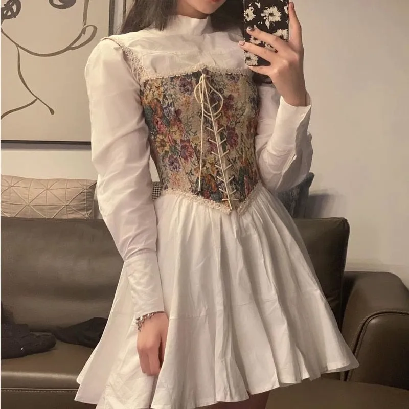 Korean Vintage Kawali Dress Women Elegant Casual Summer Print Floral Mini Dress Female Pretty Party Bandage Holiday Dress