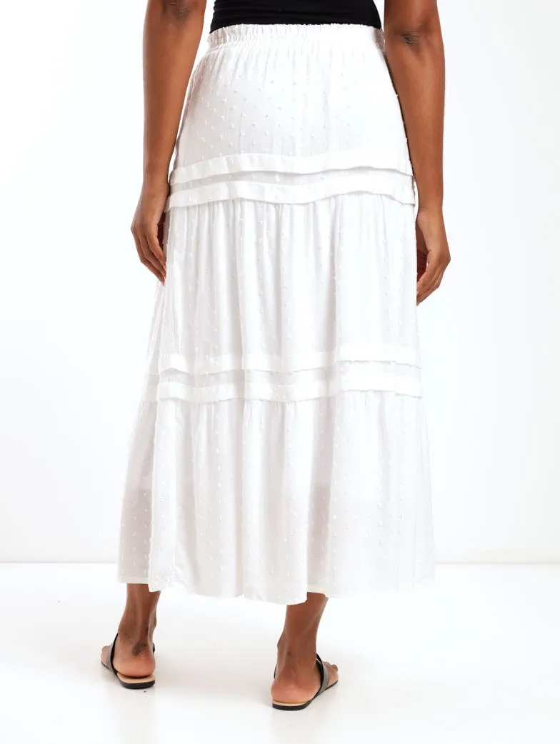 Ladies Dobby Pintuck Midi Skirt - White