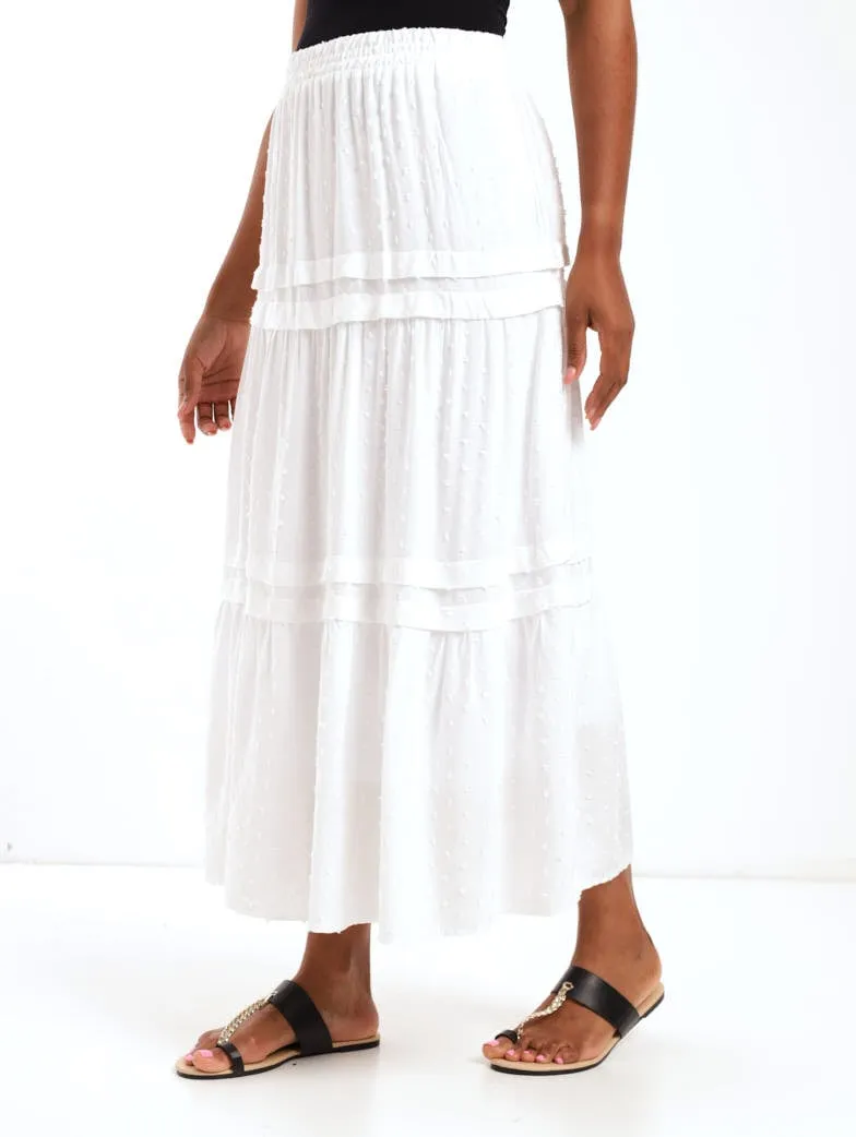 Ladies Dobby Pintuck Midi Skirt - White