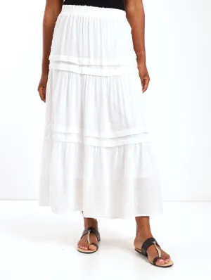 Ladies Dobby Pintuck Midi Skirt - White