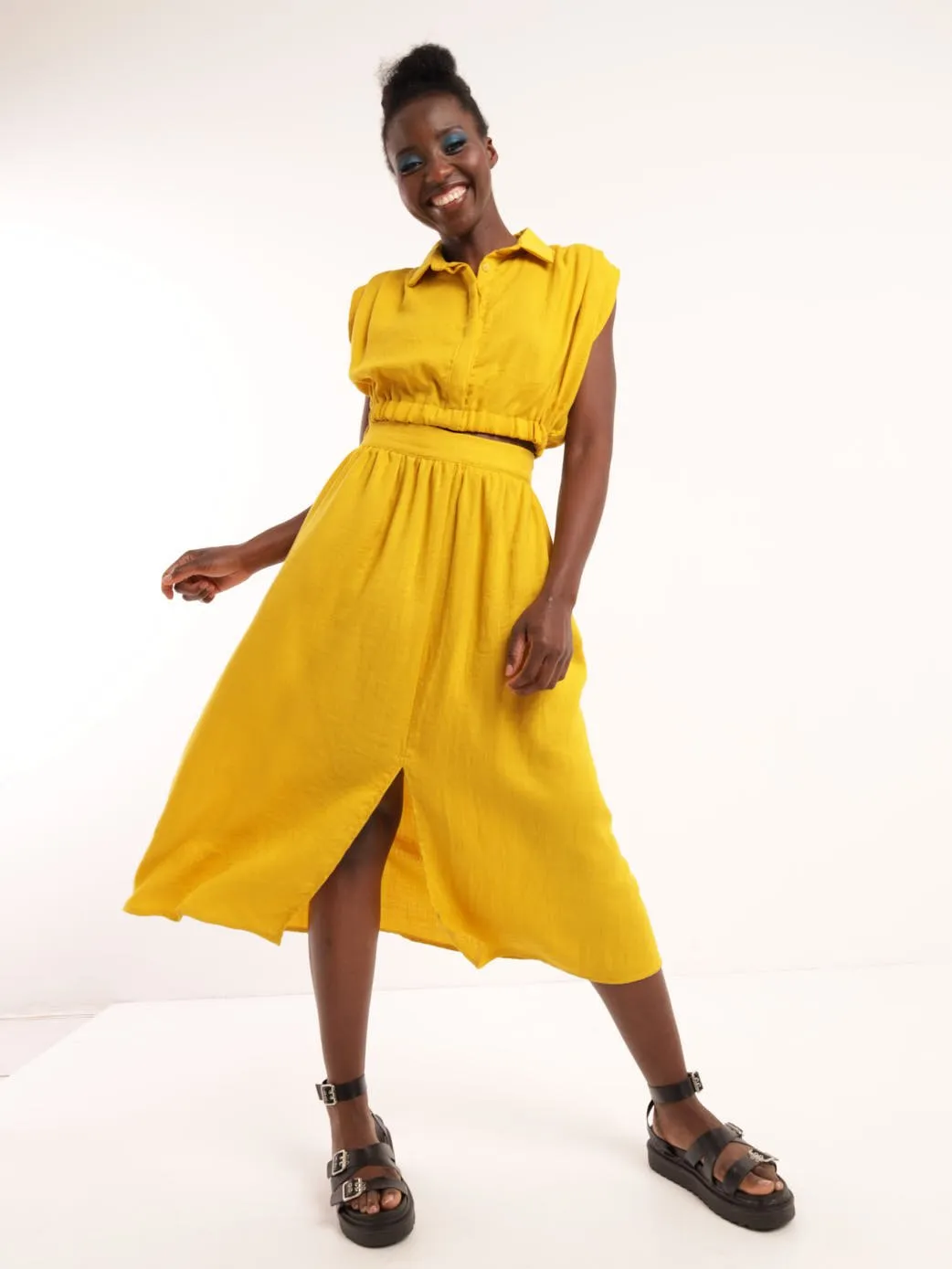 Ladies Linen Midi Skirt - Chartreuse
