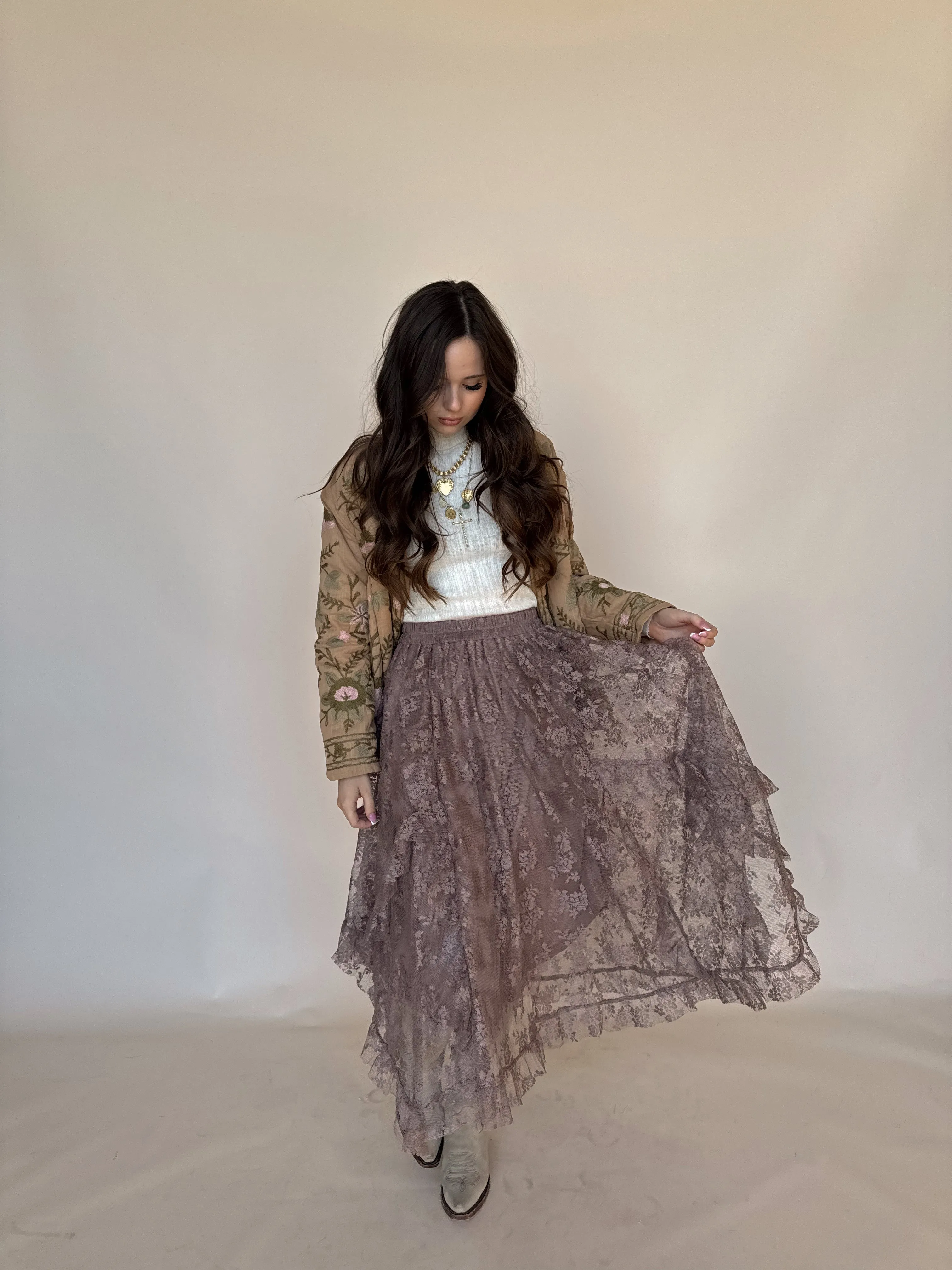 Lilac Lace Midi Skirt