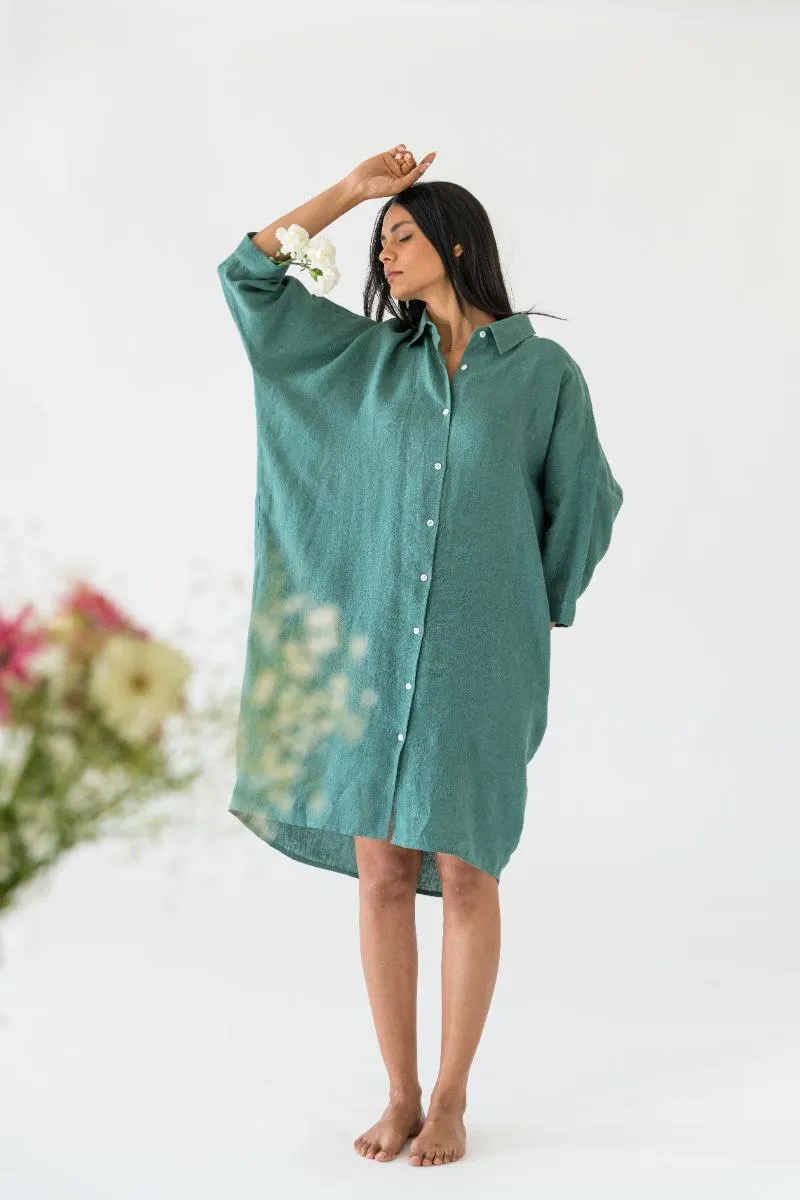 Linen Ferro Shirt Dress-Stormy Blue
