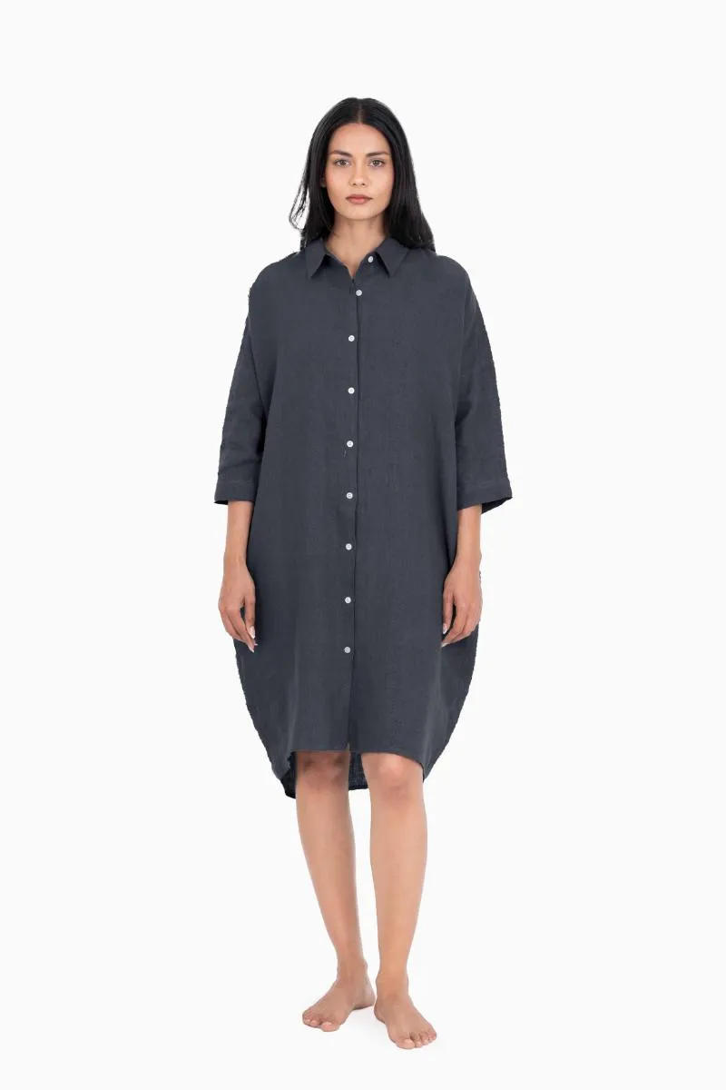 Linen Ferro Shirt Dress-Stormy Blue