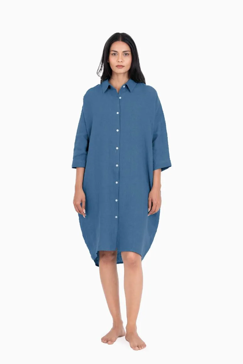 Linen Ferro Shirt Dress-Stormy Blue