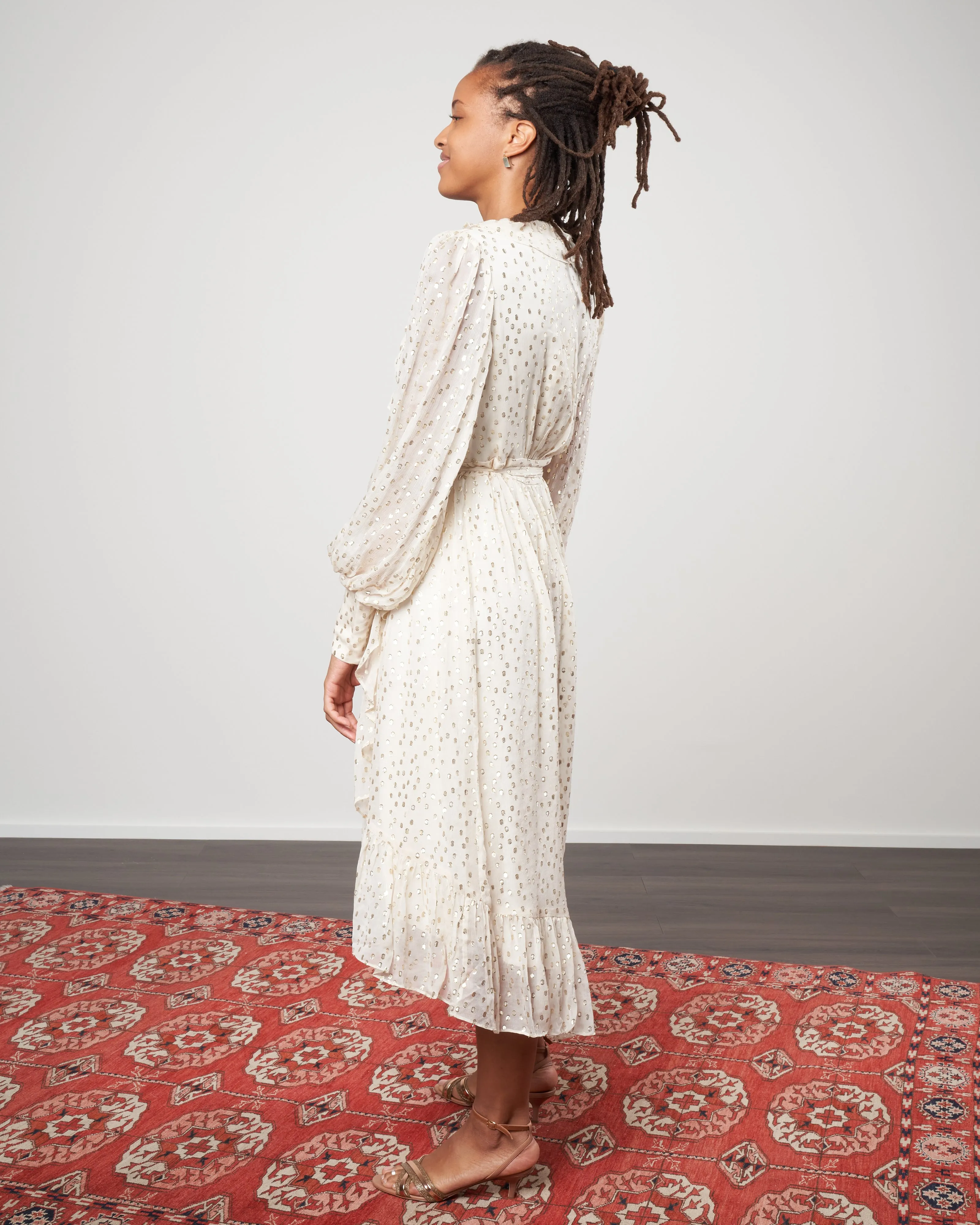 lurex wrap midi dress - cream/gold