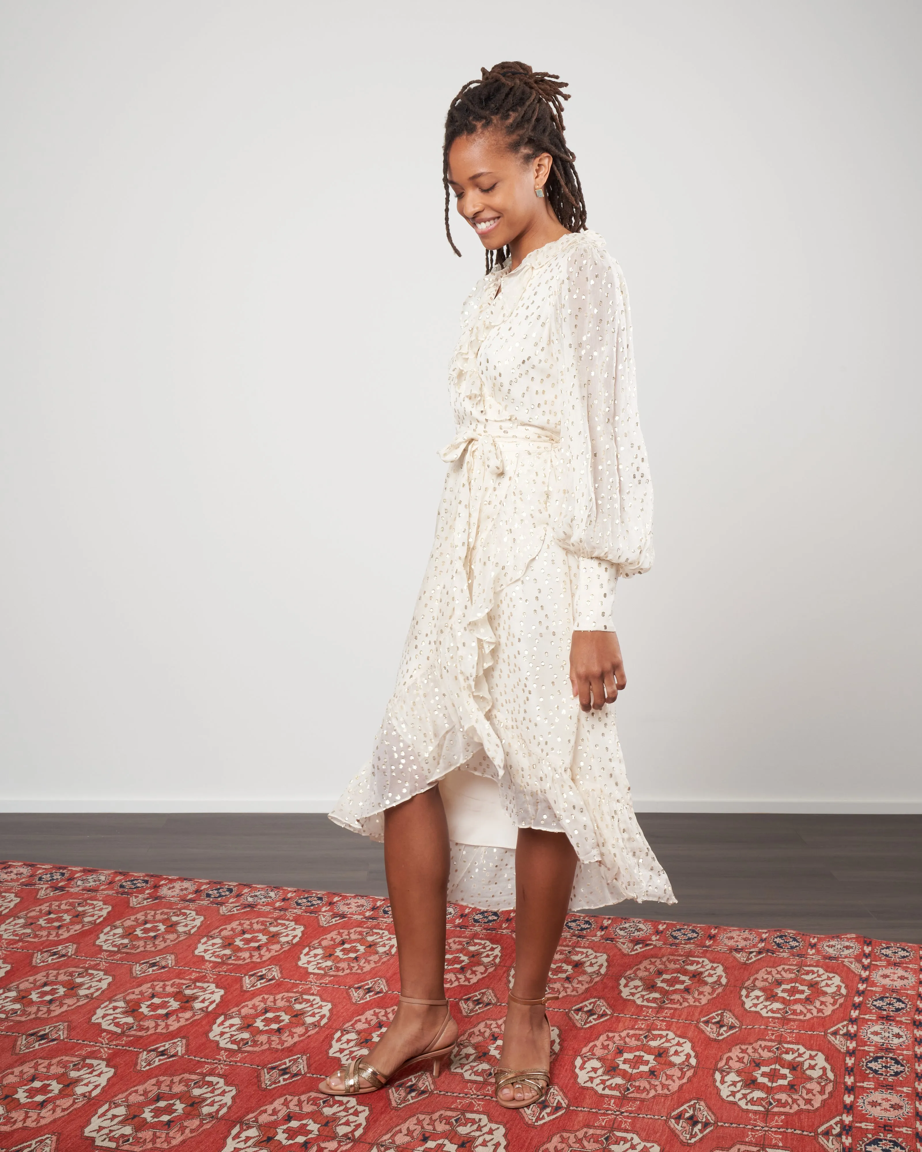 lurex wrap midi dress - cream/gold