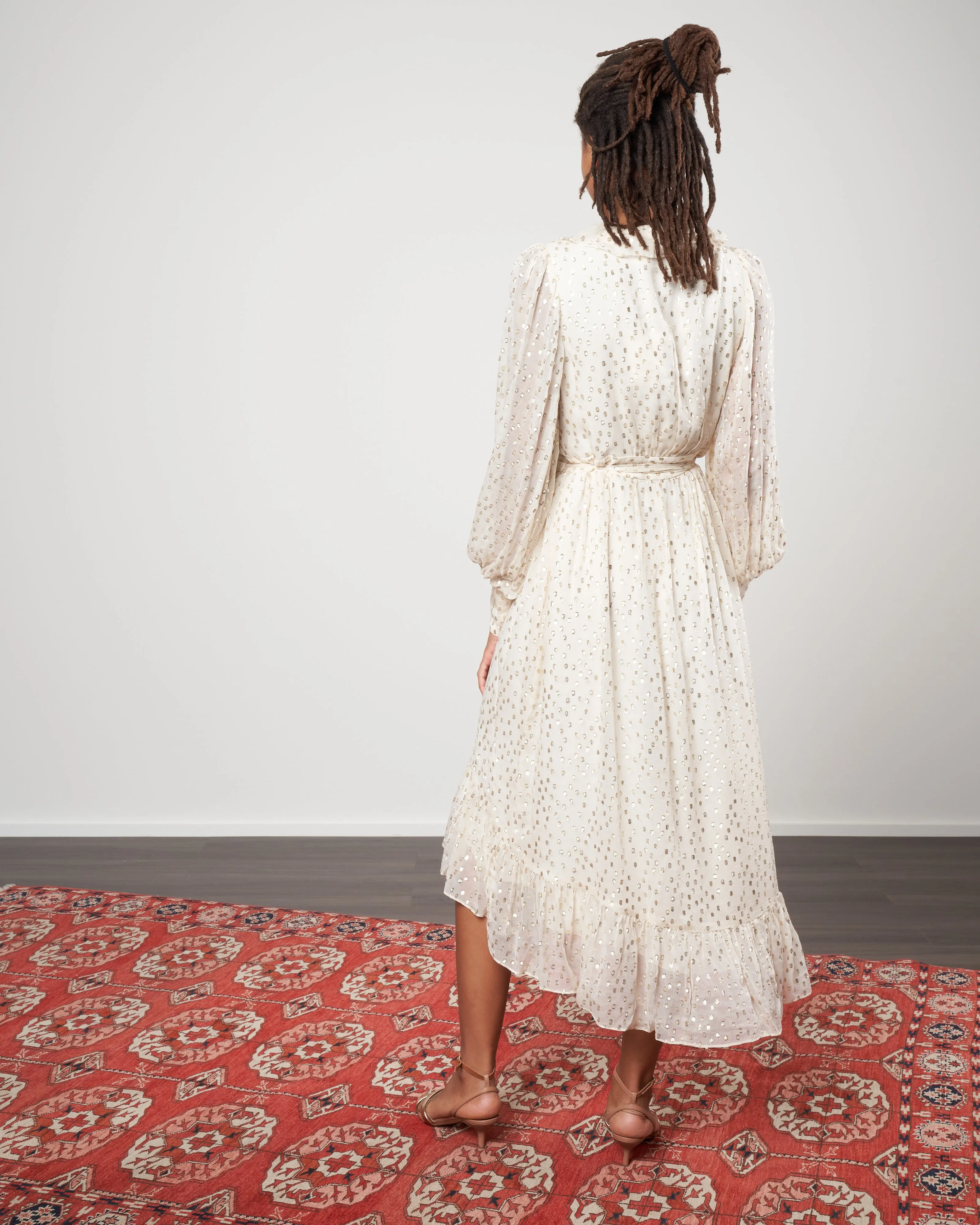 lurex wrap midi dress - cream/gold