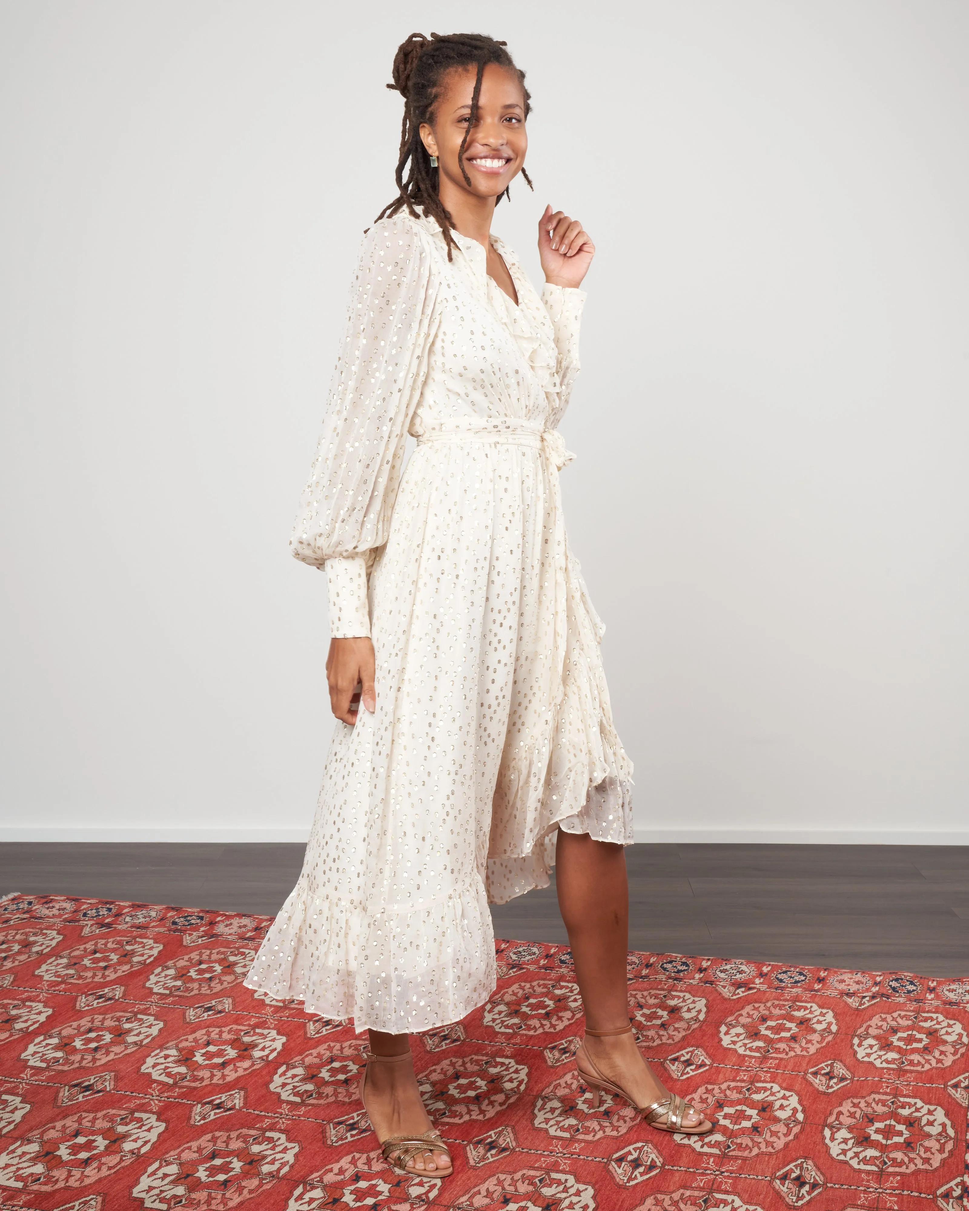 lurex wrap midi dress - cream/gold