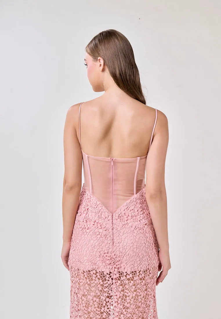 Mabel Pink Sleeveless Corded Lace Maxi Dress