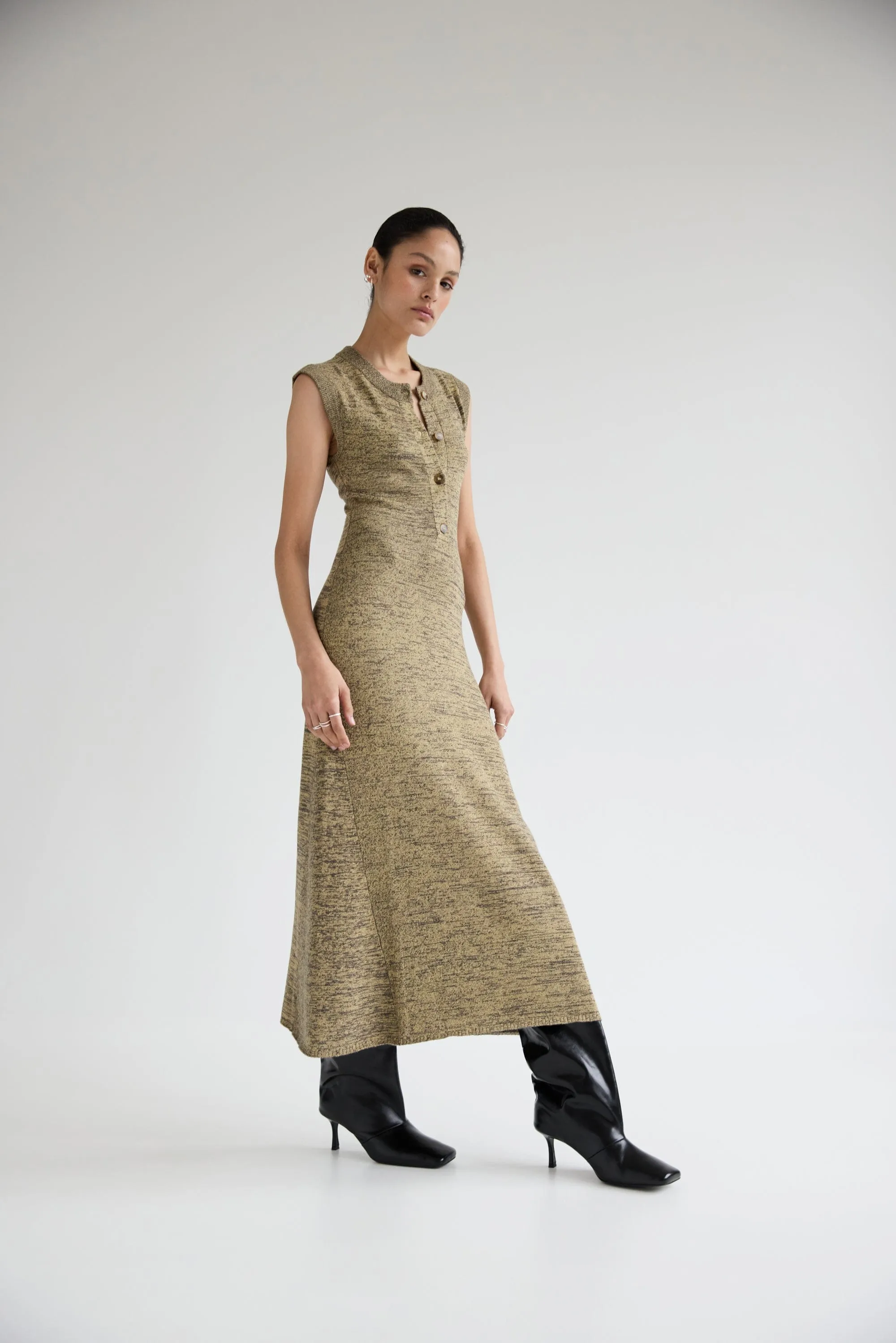 MELANGE KNIT MIDI DRESS | PEBBLE